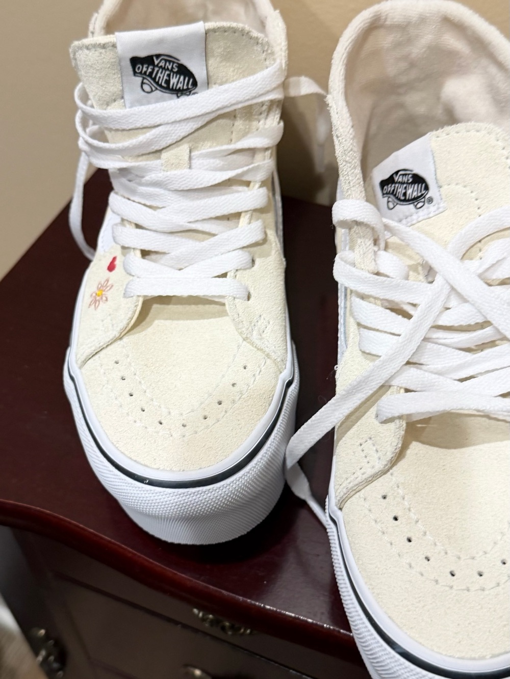Vans Cream Off-White High-Top Sneakers with Tiny Floral Detail